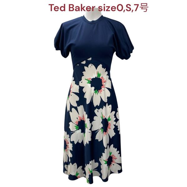 美品 テッドベーカー レディース ワンピース ロング 半袖 フレア 0,S,7号 Ted Baker ワンピ トップス パフスリーブ 花柄 ネイビー M5Q432