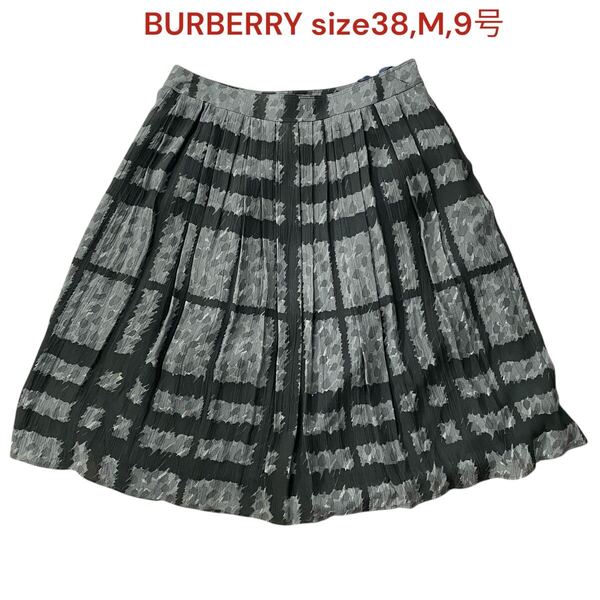美品 バーバリー プリーツスカート 膝丈 シルク レディース 38,M,9号 BURBERRY LONDON ボトムス フレア 格子柄 灰色 黒 シアー 絹 M5Q500
