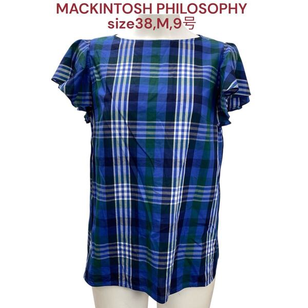 マッキントッシュ フィロソフィー ブラウス 半袖 綿 レディース 38,M,9号 MACKINTOSH PHILOSOPHY カットソー チェック 青 コットン M5Q566