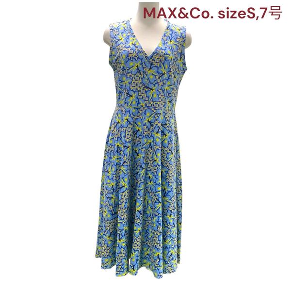 マックスアンドコー ワンピース ノースリーブ ロング 総柄 レディース S,7号 MAX&Co. ワンピ フレア Aライン 花柄 青系 ブルー系 M5Q587