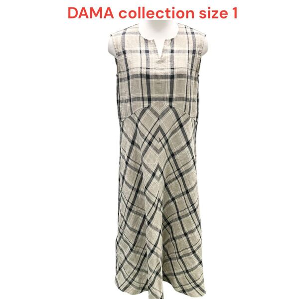 ダーマ コレクションDAMA collection チェック ノースリーブ ベージュ 麻 リネン ロング ワンピースsize1 M5Q908
