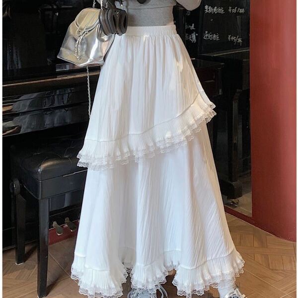 ロングスカート フレアスカート Aライン ハイウエスト ウエストゴム 薄手 レース フリル かわいい 春 夏 秋 大人可愛い SLKD010(S-XL)