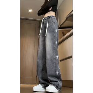 デニムパンツ レディース 美脚 大きいサイズ ワイドパンツ ロングパンツ ボトムス ハイウエスト ウエストゴム 可愛い SLTD002(2色S-8XL)