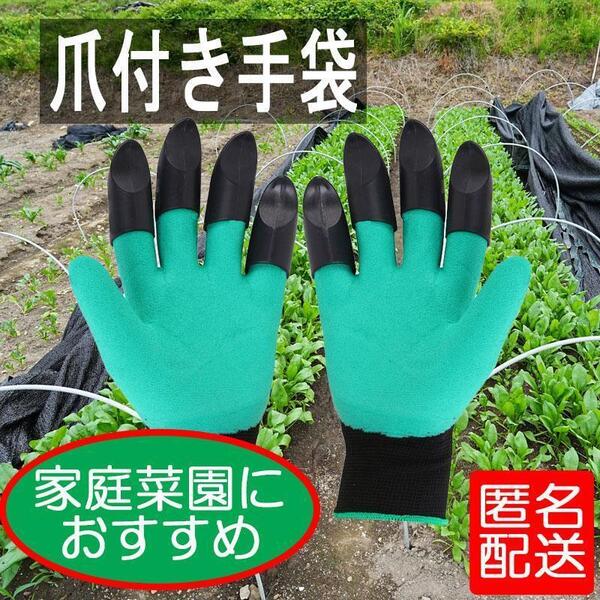 爪付き 手袋 家庭菜園 園芸 植栽 グローブ ガーデニング ガーデン 草取り 植え替え 畑 農作業 野菜 種まき 畝 穴掘 ツメ ゴム 緑 匿名配送