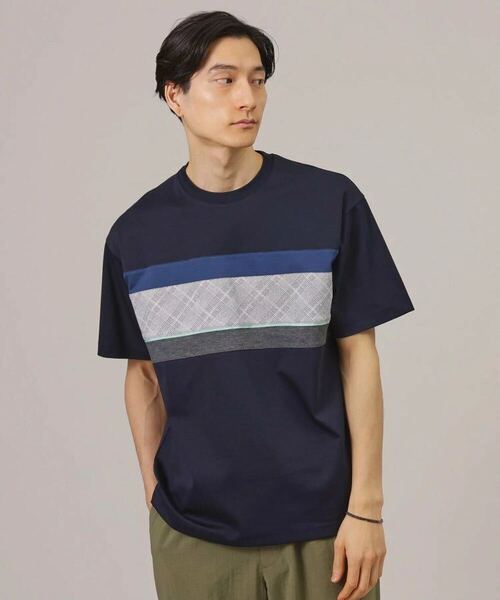 新品 TAKEO KIKUCHI ファブリック切替Tシャツ 紺×グレー Lサイズ 綿100% Fabric Panel T-Shirt Navy Gray Size L Cotton 半袖