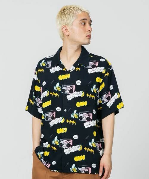 XLARGE×CARNIVAL 総柄シャツ L 着丈67 黒 バナナ柄 ラジカセ 半袖 開襟 All Over Print Shirt L Black Banana Cassette 67cm