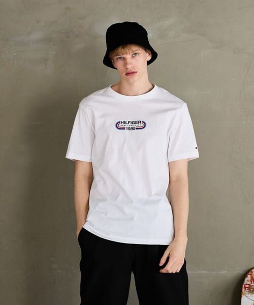 美品 TOMMY HILFIGER トラックロゴTシャツ 白 Mサイズ 半袖 1985 刺繍 Track Logo T-Shirt White M Short Sleeve 1985 Embroidery 半袖