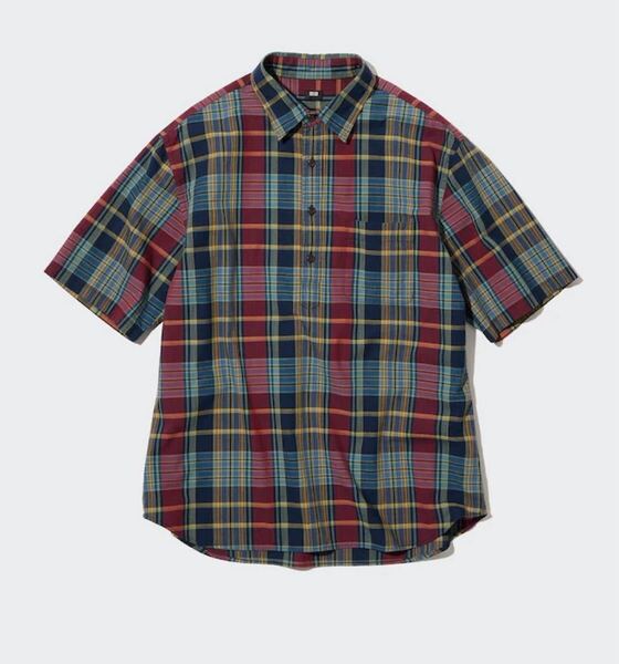 ユニクロ マドラスチェック 半袖プルオーバーシャツ L 綿100% レッド系 UNIQLO Madras Check Pullover Shirt L Cotton 100% Short Sleeve
