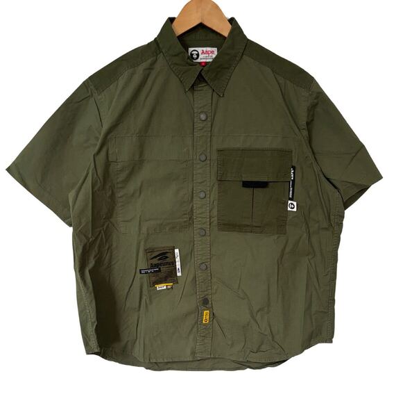 AAPE 半袖シャツ オリーブ S AAPEUNVS A BATHING APE ミリタリー風 Short Sleeve Shirt Olive S Military Style