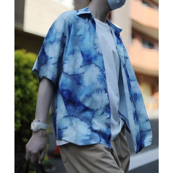 HOOK 総柄 開襟シャツ M ブルー アロハ風 レトロ ビッグシルエット HOOK All-over Pattern Open Collar Shirt M Blue Retro Aloha Style