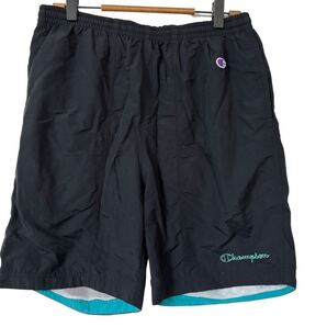 美品 Champion ナイロンショーツ L 黒に近いネイビー メッシュ裏地 ハーフパンツ Nylon Shorts L Dark Navy Mesh Lined Swim Trunks