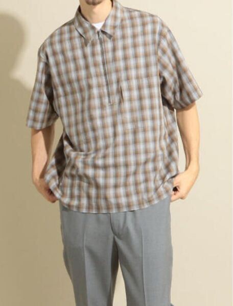 Steven Alan チェック ハーフジップ シャツ M コットン×リヨセル 半袖 美品 Check Half Zip Shirt M Cotton Lyocell Short Sleeve