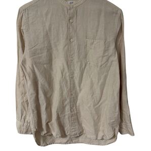 ユニクロ バンドカラーシャツ 長袖 S ベージュ 麻混 カンボジア製UNIQLO Band Collar Shirt Beige Long Sleeve S Linen Blend