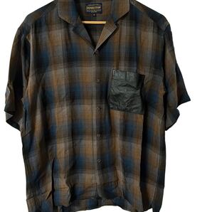 PENDLETON × BEAMS LIGHTS 開襟チェックシャツ M レザー切替 レーヨン Check Open Collar Shirt M Leather Rayon 半袖