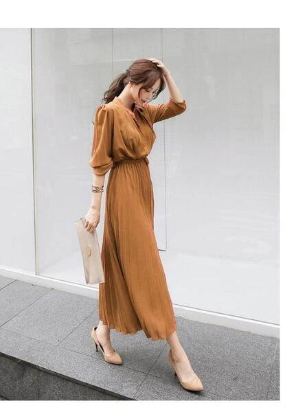 【M】プリーツフレアワンピース ロング シフォン 着痩せ 長袖 春 夏 大人 体型カバー 大人 韓国 インポート 春 夏 秋 冬 トレンド