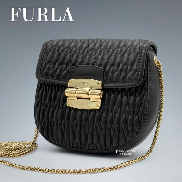 【極美品】FURLA フルラ メトロポリス キルティング レザー チェーン ショルダーバッグ クラブ ブラック ゴールド金具 パーティーバッグ