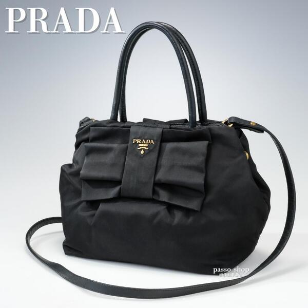 【希少】PRADA プラダ ショルダーバッグ テスート ナイロン トートバッグ リボン 黒 ブラック クロスボディ 斜め掛け ハンドバッグ