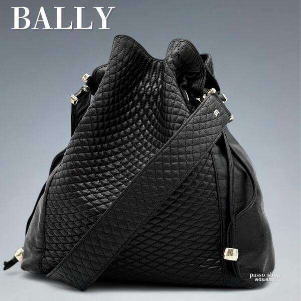 【美品】BALLY バリー キルティング レザー 巾着 ショルダーバッグ ワンショルダー ブラック ゴールド金具 斜め掛け クロスボディ