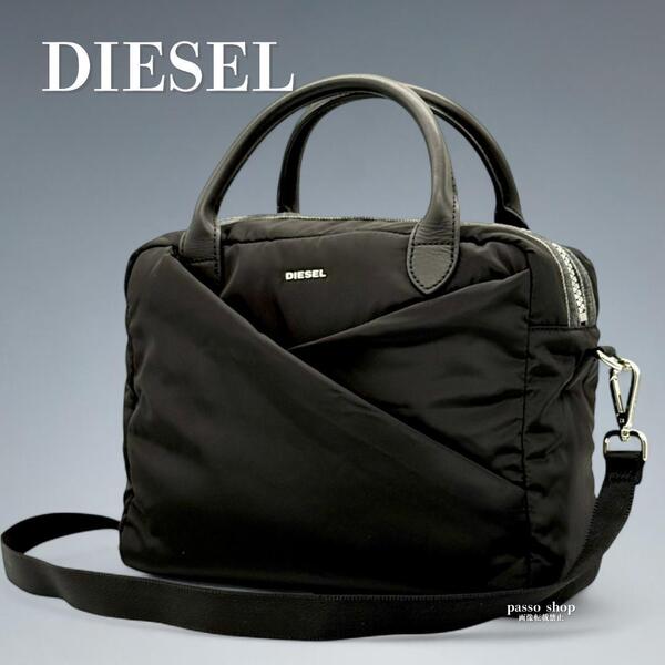 美品 DIESEL ディーゼル 2way ミニ ボストンバッグ ショルダーバッグ デニム 黒 ブラック ナイロン レザー ハンドバッグ マチあり