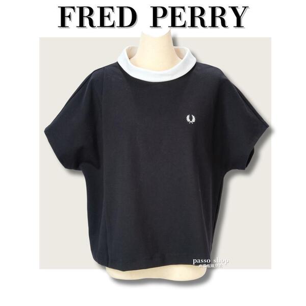FRED PERRY フレッドペリー 月桂樹 ドルマン カットソー シャツ ロゴ刺繍 リンガーTシャツ レディース 半袖 ブラック 黒 丸首