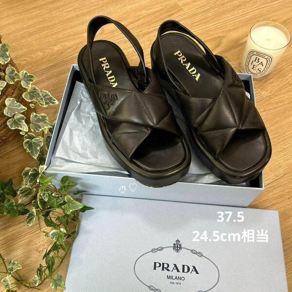 送料無料 PRADA プラダ パデッドナッパレザーフラットフォームサンダル 37.5 24.5cm相当
