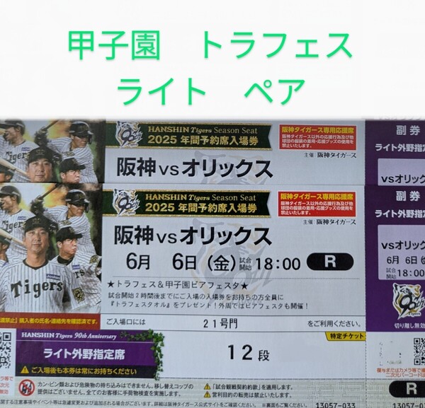【トラフェス ライト】6月6日(金)阪神タイガース対オリックスバファローズ ライト指定席2枚 甲子園 金 阪神 トラフェス ライト外野指定席