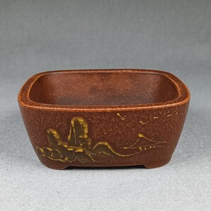 舶来品 本宜興紫砂 段泥絵山水図 朱泥 盆栽鉢 小型 美品