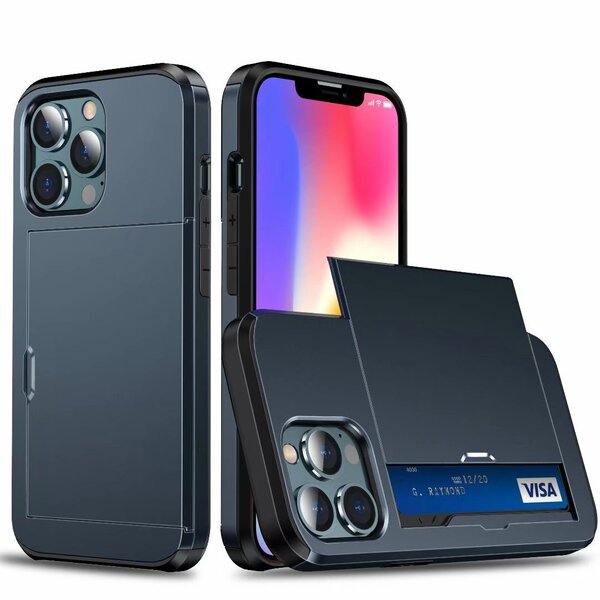 iPhone 16e(SE4)用 ケース ネイビーブルー 背面カバー カード収納 紺色 カードホルダー