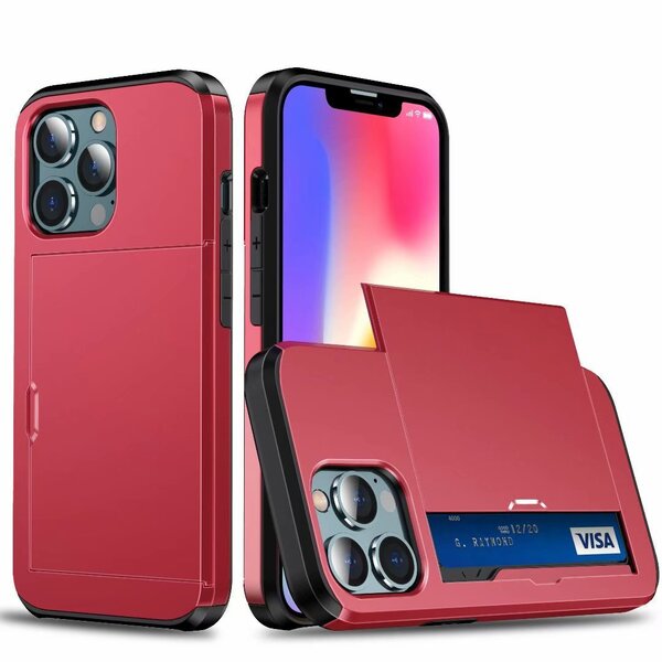 iPhone 16e(SE4)用 ケース レッド 背面カバー カード収納 赤色 カードホルダー