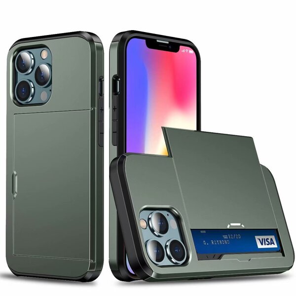 iPhone 12 mini用 ケース アーミーグリーン 背面カバー カード収納 濃い緑色 カードホルダー