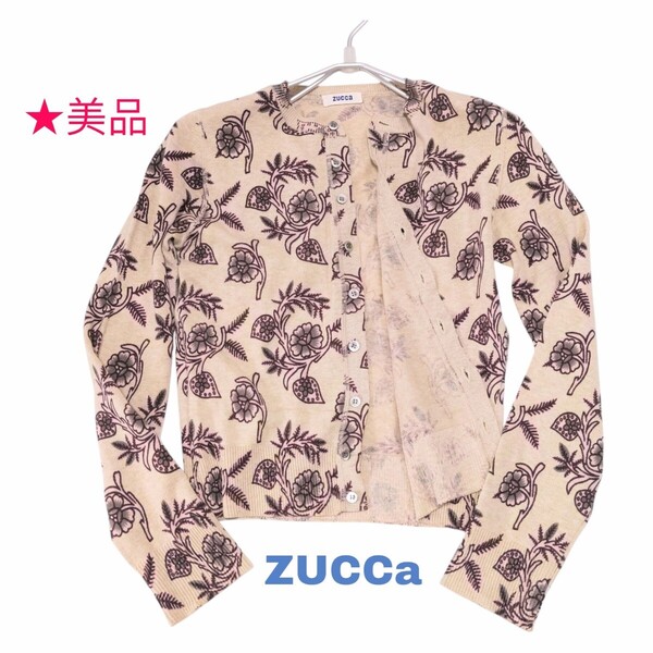 美品 即決★ズッカ ZUCCa★薄手 綿ニット カーディガン 長袖 花柄 ベージュボルドー系 Mサイズ 総柄