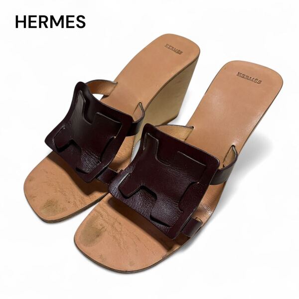 HERMES エルメス H レザー ウッドソール サンダル