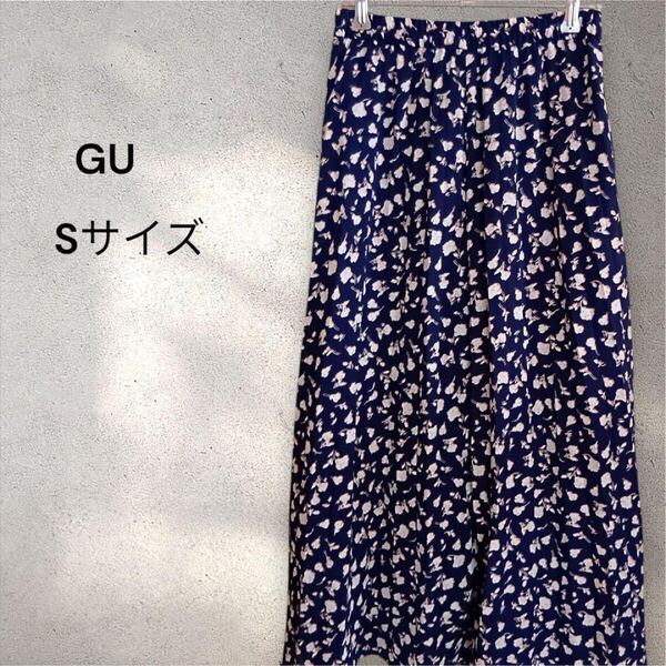 GU ジーユー プリーツロングスカート 花柄 ネイビー Sサイズ 紺