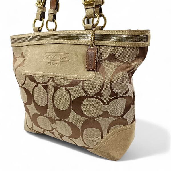 正規品 コーチ COACH ハンドバッグ シグネチャー ベージュ キャンバス 鞄 トートバッグ ブラウン レザー キャメル 茶色 男女兼用 かばん