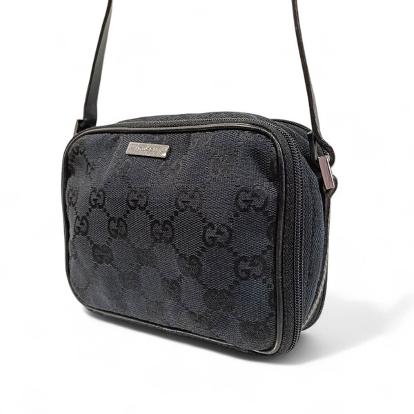 【美品】 正規品 GUCCI グッチ ミニ ショルダーバッグ GGキャンバス 黒 ブラック レザー 革 シルバー金具 スマホケース ポーチ 小さめ鞄