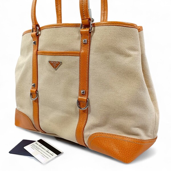 【美品】 ギャランティーカード付き 正規品 PRADA プラダ トートバッグ キャンバス 三角ロゴ オレンジ ベージュ オフホワイト 白 肩掛け