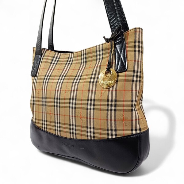 正規品 バーバリー キャンバス トートバッグ ベージュ チャーム付き ノバチェック ブラック 黒 BURBERRY レザー 革 ハンドバッグ 男女兼用