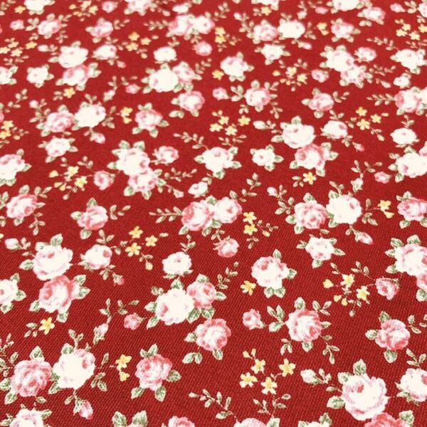 1m オックス 生地 ローズ柄 プチローズ 110×100 コットン生地 はぎれ 薔薇 ロココ調 綿 赤 ラストです