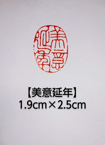 篆刻 落款印 遊印 雅号印 吉語印 引首印 遼寧凍石 楕円1.9cm×2.5cm 「美意延年」