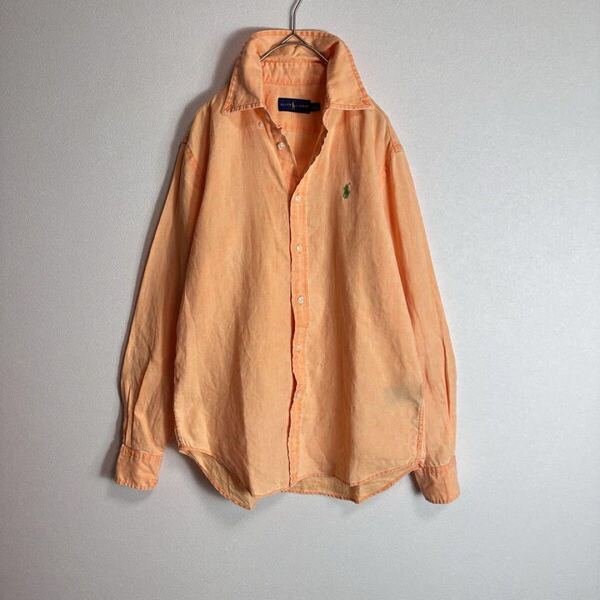 ラルフローレン 長袖シャツ リネン100 麻 BD オレンジ Lサイズ相当155cm Ralph Lauren ブラウス