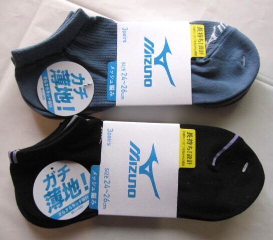 *送料無料*新品*24-26cm*MIZUNO*ショートソックス3足×2*⑥*メッシュ編*ガチ薄地!さらさらタッチ設計*長持ち!設計つま先踵補強*ミズノ*