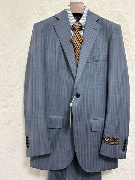 【新品未使用】春夏物 ロロピアーナ Loro Piana 生地使用 メンズ スーツ A7 (h180-w84) LL ライトグレー×アイボリー ストライプ