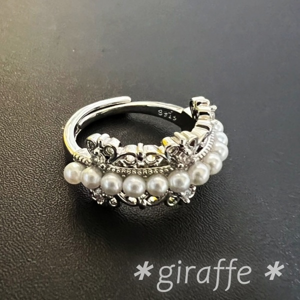 A872 匿名配送 指輪 レディース リング パール ジルコニア s925 シルバー フリーサイズ サイズ調節可能 クラウン レース