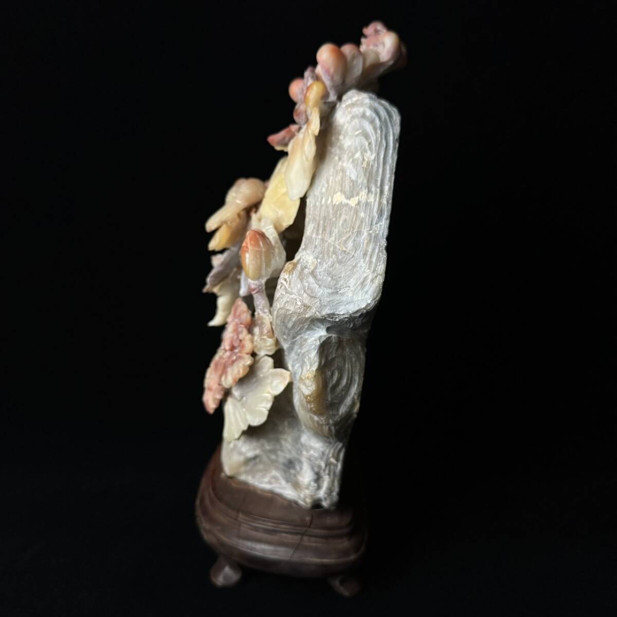 コレクター買取品 中国美術 寿山石 天然石 石彫刻 花鳥紋 細密