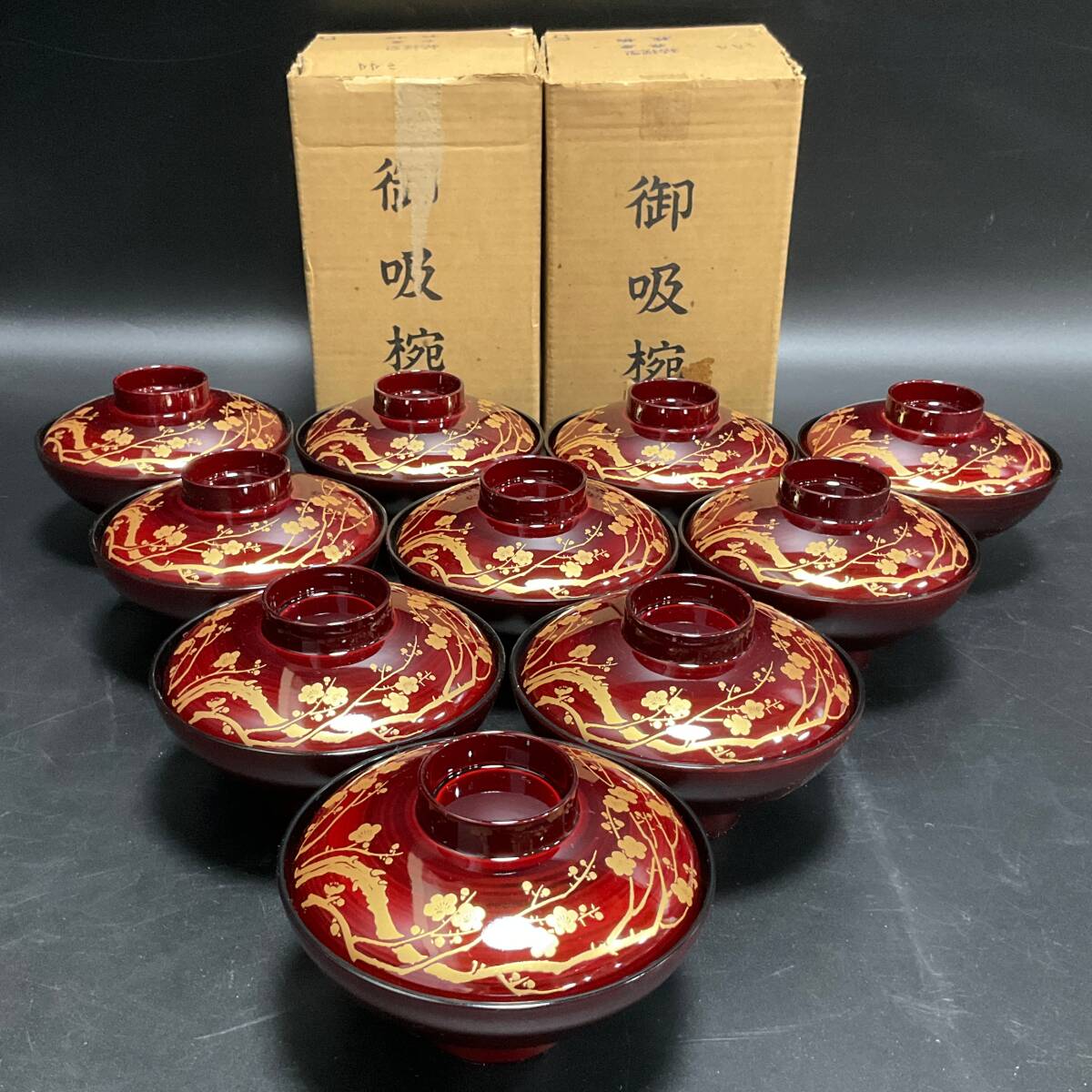 ほぼ未使用 懐石道具 木製 古代朱塗 金彩蒔絵 吸物椀十客組 内黒 木曾漆器共箱 ほぼ未使用 懐石道具 木製 古代朱塗 金彩蒔絵 吸物椀十客組 内黒