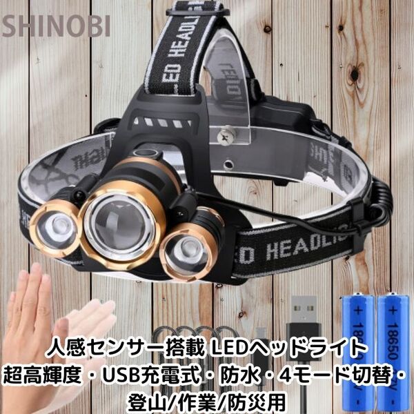人感センサー搭載 LEDヘッドライト 超高輝度通常の小型ヘッドライト照明の約20倍・USB充電式・防水・4モード切替・登山/作業/防災用