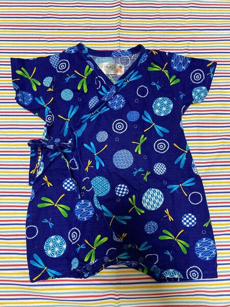 極美品!甚平ロンパース☆くろわっさんずベベ☆トンボ柄ネイビーブルー☆半袖ショートオール☆サイズ60-70☆検ファミリアミキハウス
