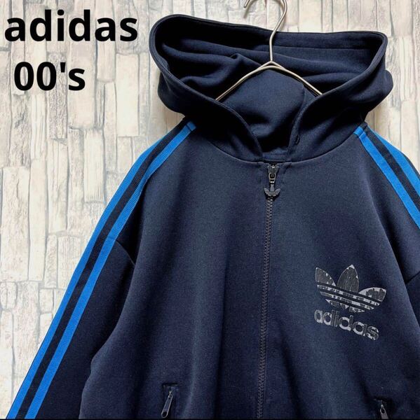 adidas アディダス ジャージ 上 トラックジャケット パーカー 00s 2000年代 サイズM トレフォイル 長袖 3ライン 3ストライプ フード 短丈