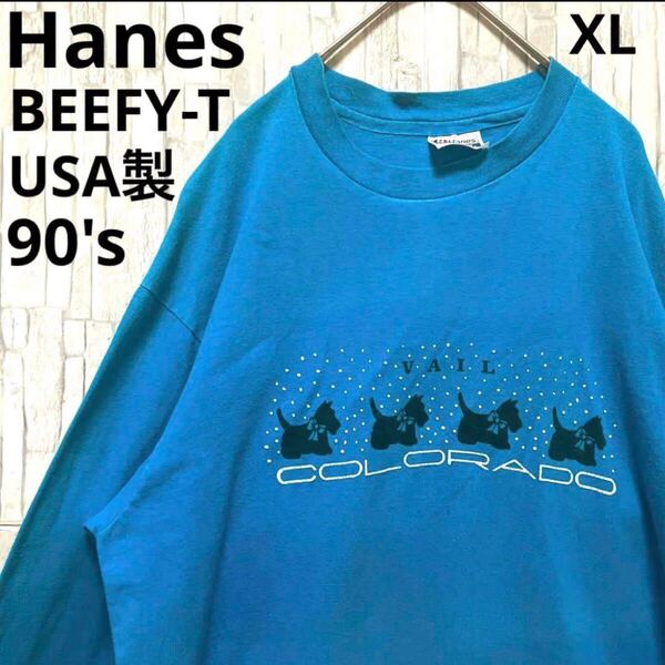 Hanes ヘインズ BEEFY-T ビーフィー ロンT 長袖 ロングスリーブTシャツ ヨークシャーテリア 犬 アニマル XL USA製 90s シングルステッチ