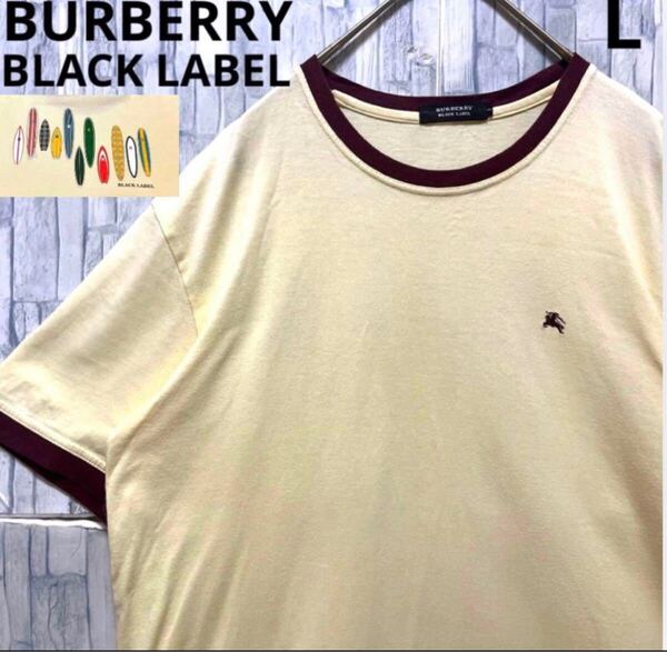 BURBERRY BLACK LABEL バーバリー ブラックレーベル リンガーネック Tシャツ L 刺繍 ホースマーク サーフボード 半袖 裏面プリント 短丈
